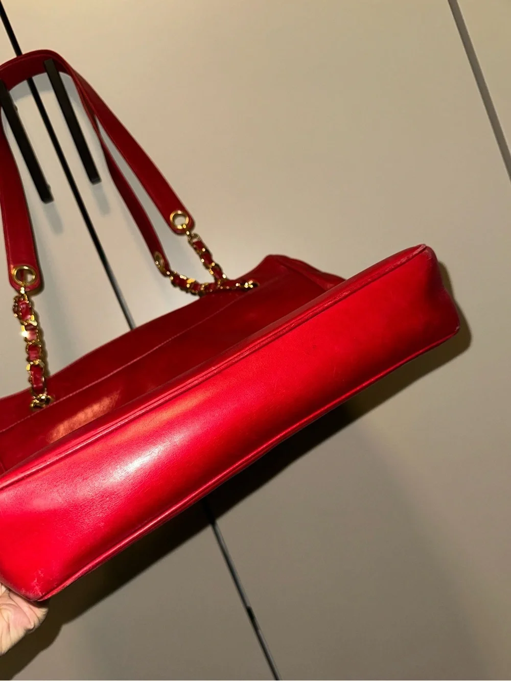Chanel 90’s Red CC Lambskin Tote with Gold Chain-Detail Straps